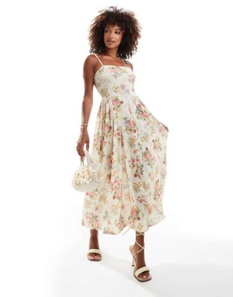 ASOS DESIGN square neck full skirt midi dress with godets in yellow floral print - view 1