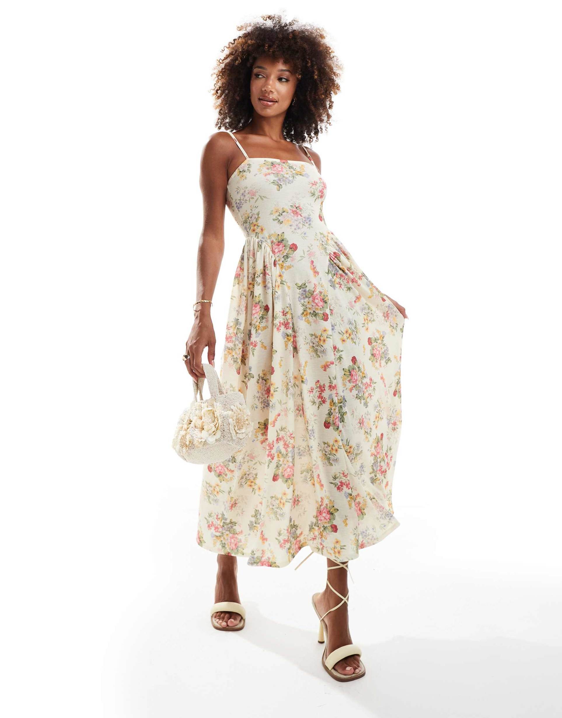 asos design square neck full skirt midi dress with godets in yellow floral print