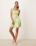 [ASOS DESIGN] ASOS DESIGN square neck godet mini dress in green postcard print-Multi 10 GREEN POSTCARD PRINT