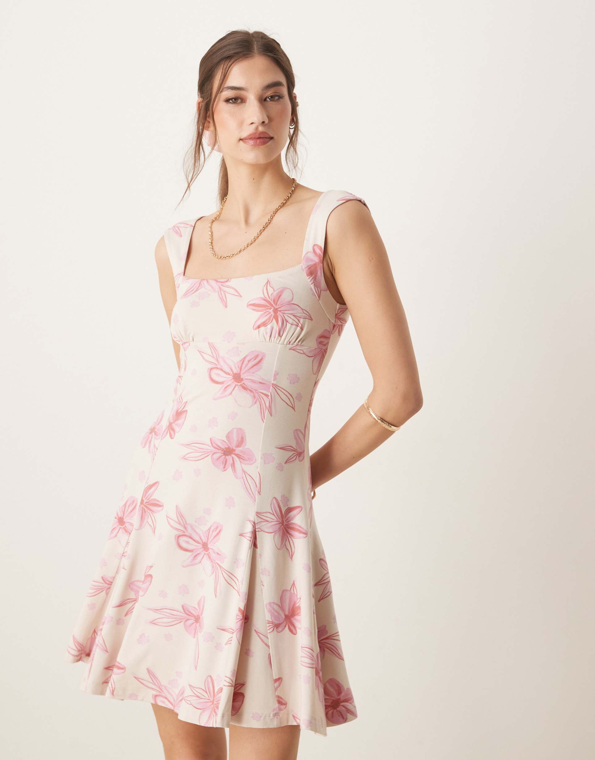 asos design square neck godet mini dress in pink floral print
