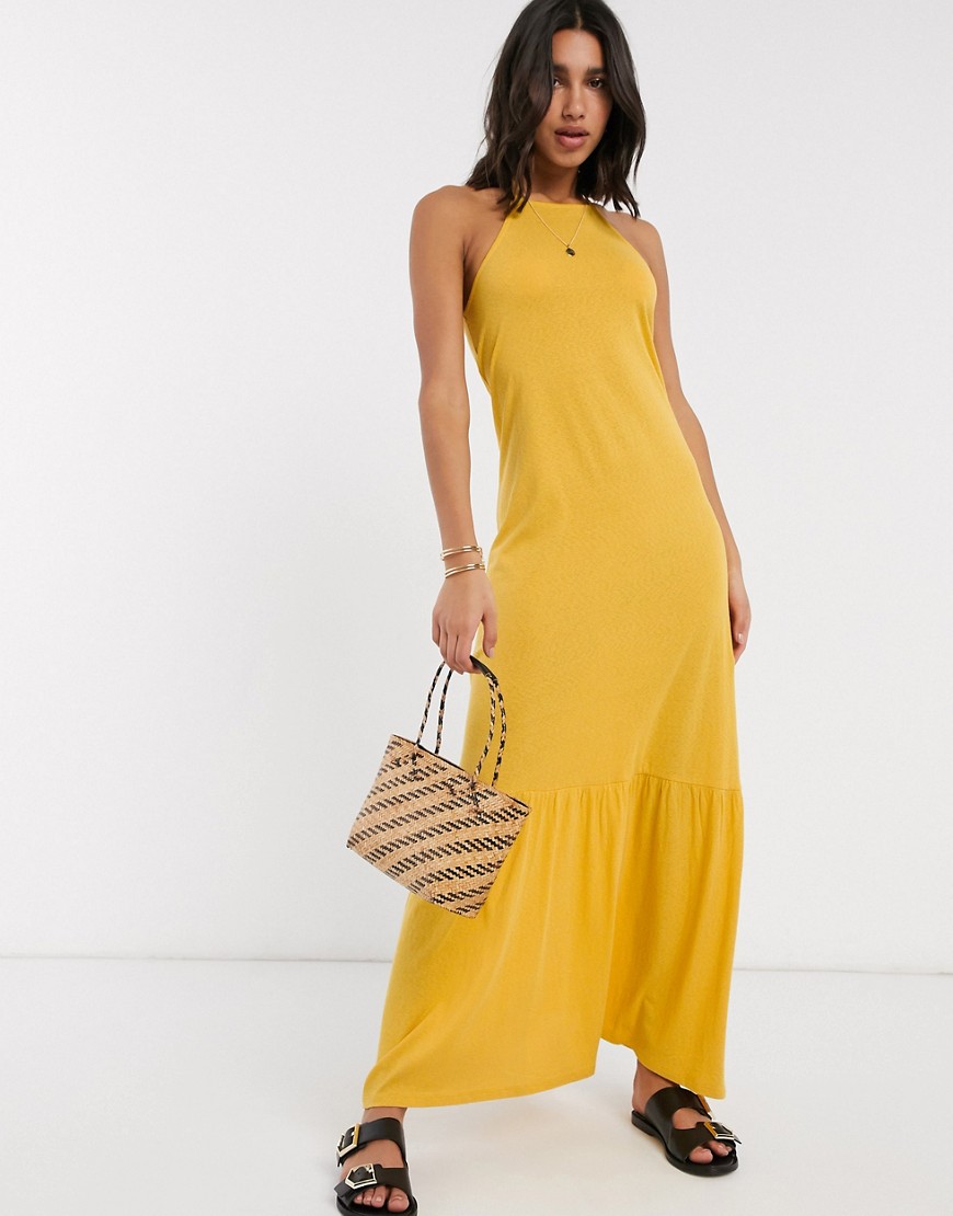 Asos Design Square Neck Halter Maxi Dress With Pep Hem In Mustard-yellow