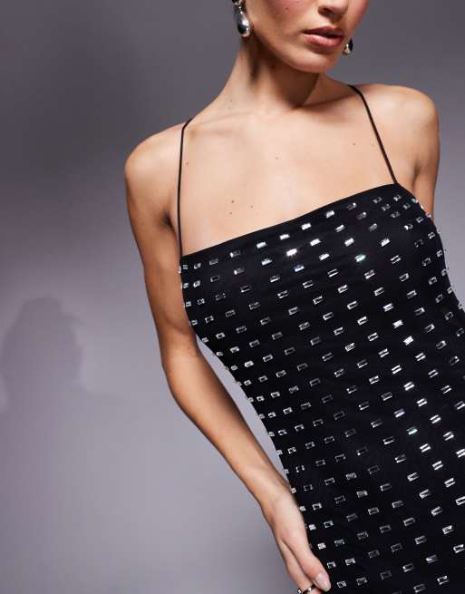 ASOS DESIGN square neck halter maxi dress with square hotfix embellishment in black