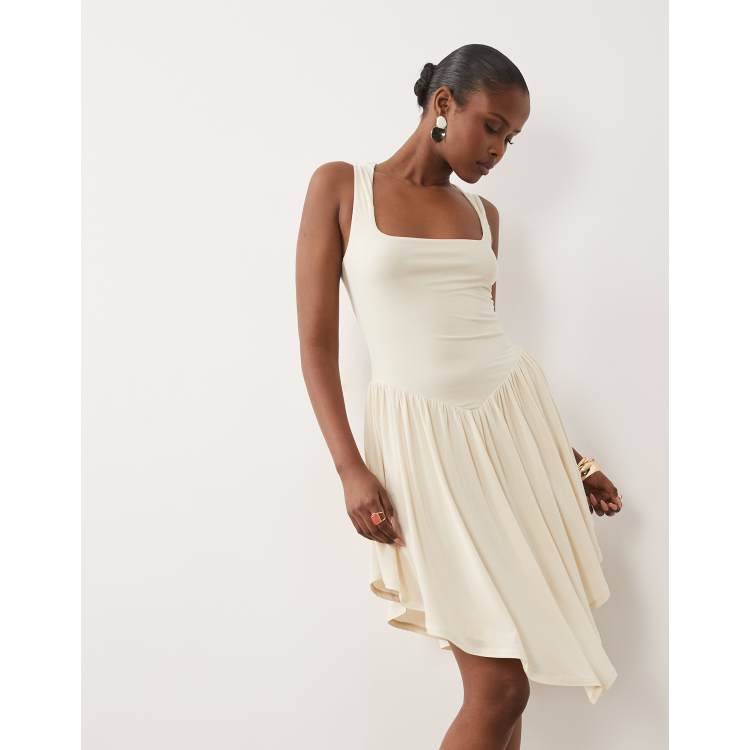 cowl neck handkerchief hem mini dress Cowl Neck Contrast Sequin Waistband Hanky Hem Mini Dress In Cream | EGO UK