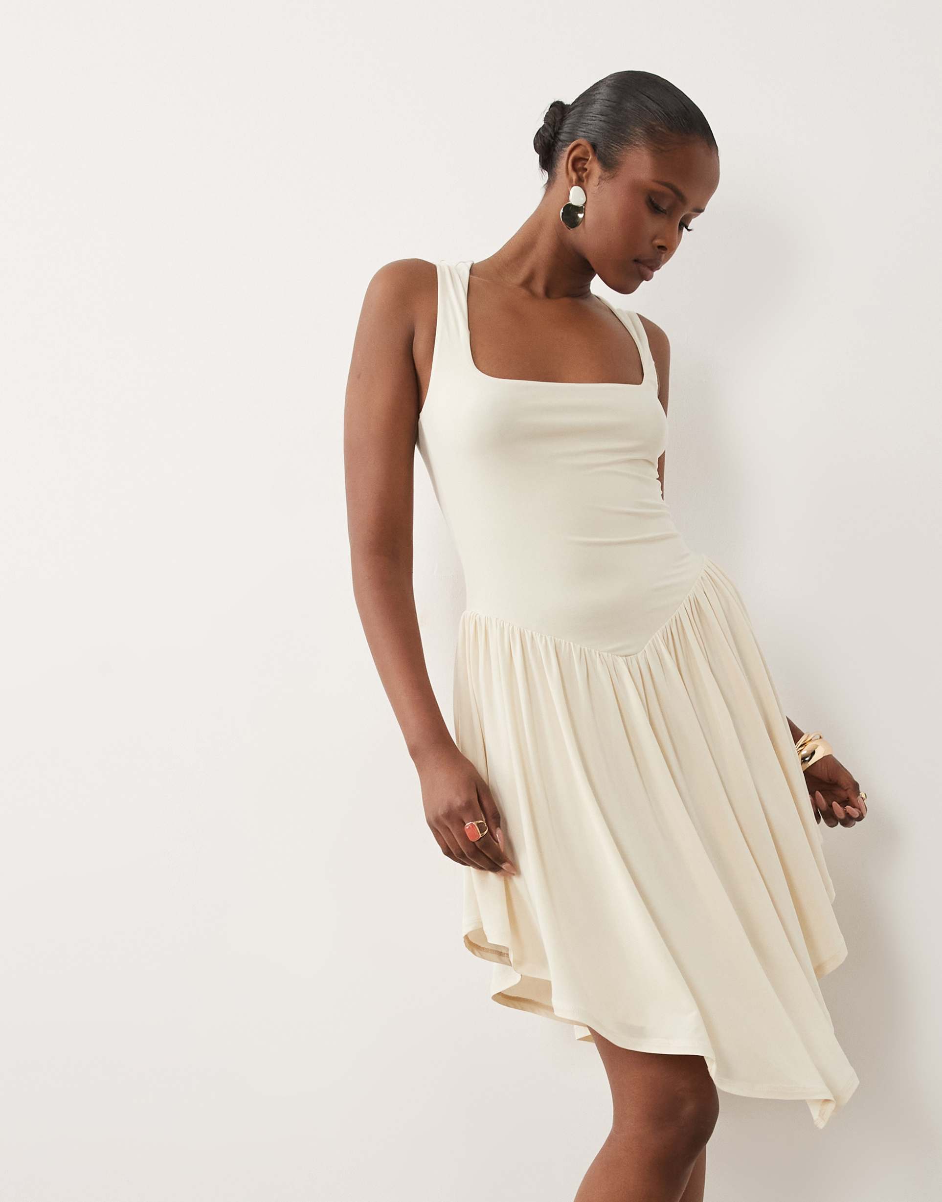 asos design square neck handkerchief hem dropped waist slinky mini dress in natural