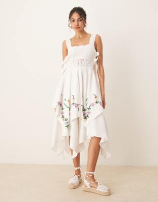 Asos Design Square Neck Hanky Hem Midi Dress With Floral Embroidery-white