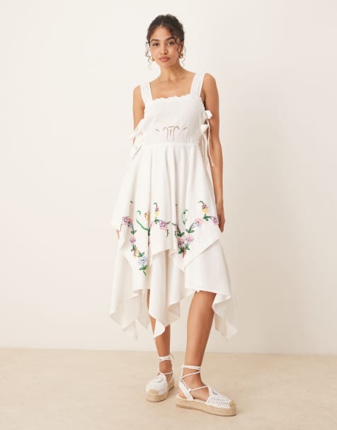 ASOS DESIGN square neck hanky hem midi dress with floral embroidery - view 1