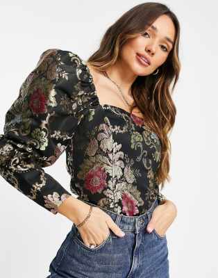 ASOS DESIGN square neck jacquard top with puff sleeves