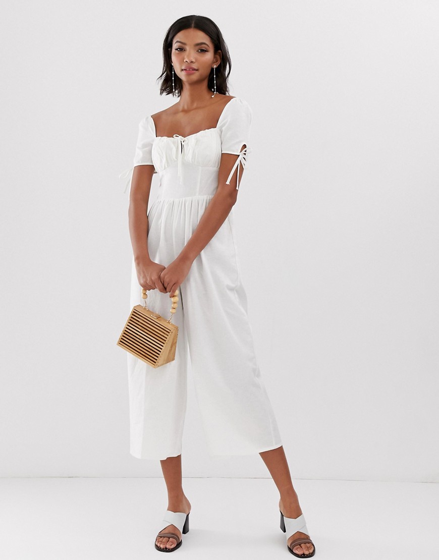 ASOS DESIGN square neck jumpsuit with tie sleeve-White