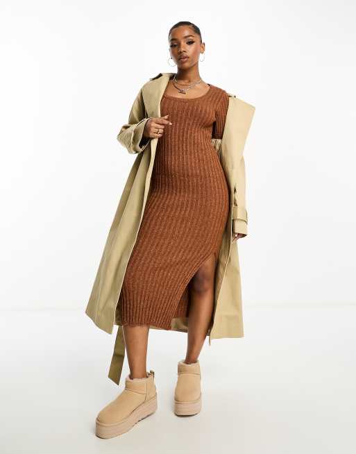 ASOS DESIGN square neck knit midi dress in textured yarn in brown