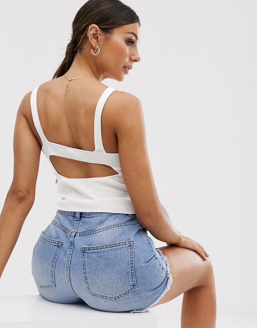 ASOS DESIGN square neck knitted cami with open back-White