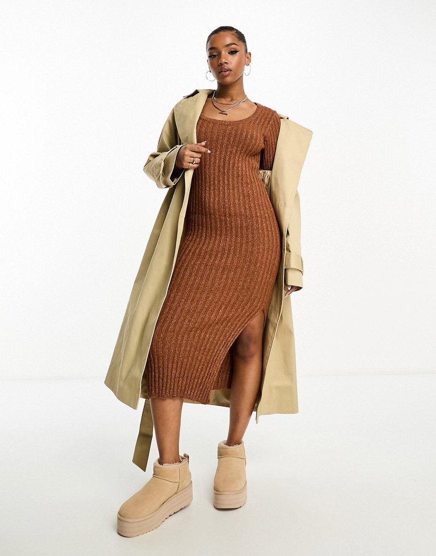 ASOS DESIGN square neck knitted midi dress in textured yarn in brown-Neutral