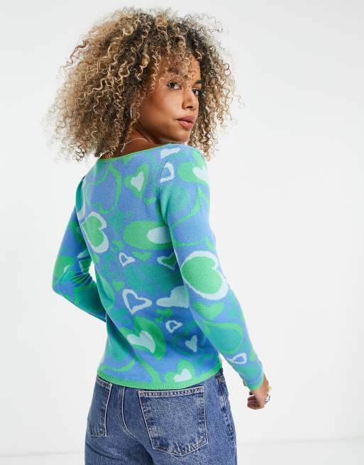 ASOS DESIGN square neck knitted top with wavy heart pattern in blue, 2 of 4