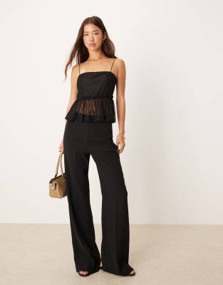 Asos Design Square Neck Lace Cami Top With Ruffle Trim-black In Black