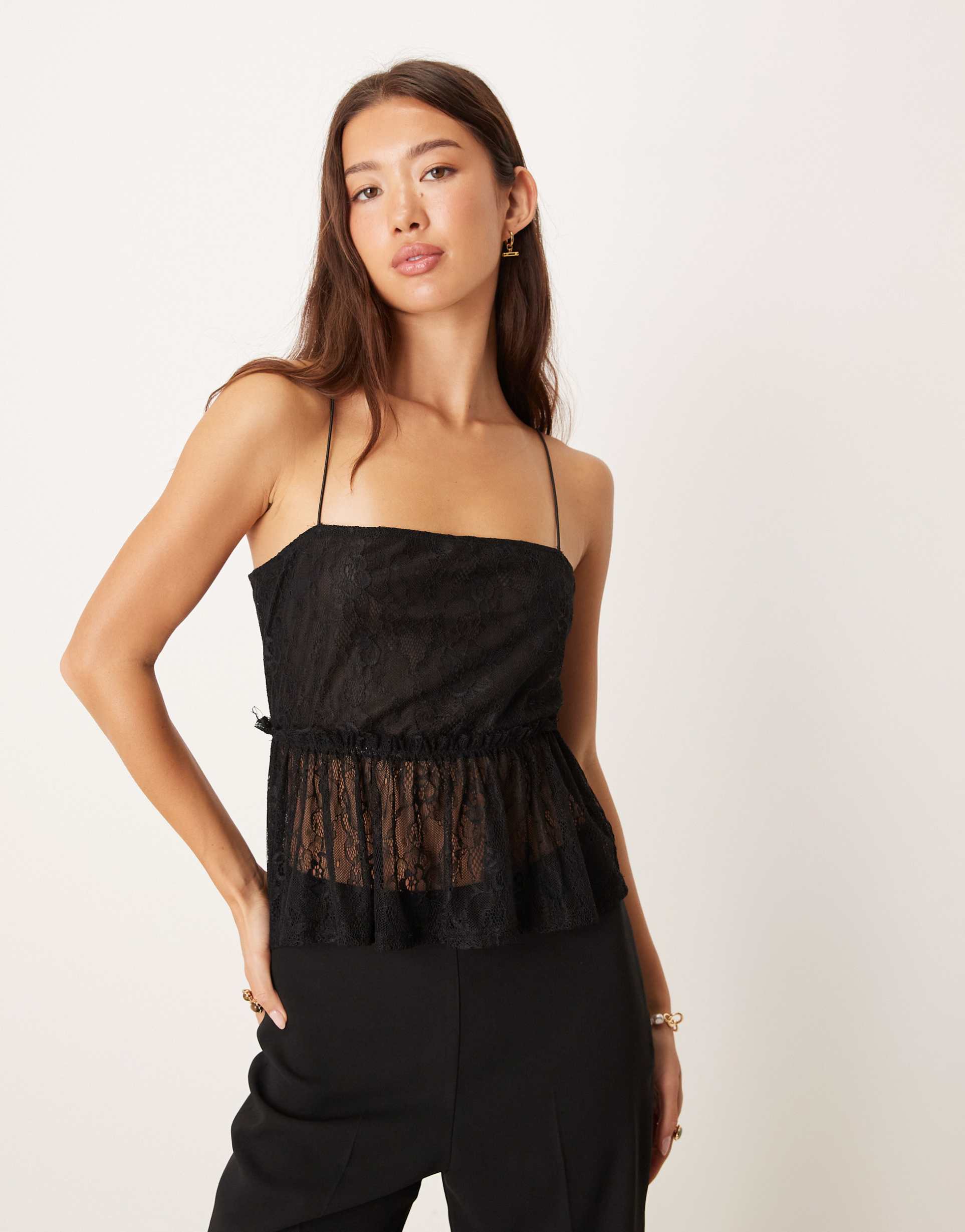 asos design square neck lace cami with ruffle trim in black