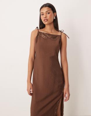 Asos Design Square Neck Lace Detail Crinkle Satin Cami Maxi Dress In Brown