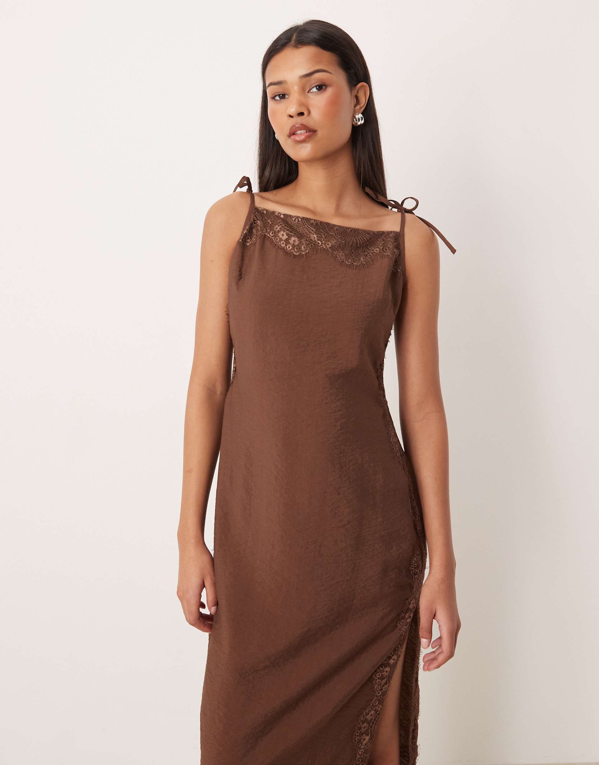asos design square neck lace detail crinkle satin cami maxi dress in chocolate