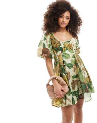 ASOS DESIGN square neck lace insert mini dress with puff sleeves in green floral print