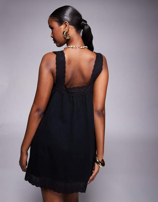 ASOS DESIGN square neck lace insert smock mini dress in black