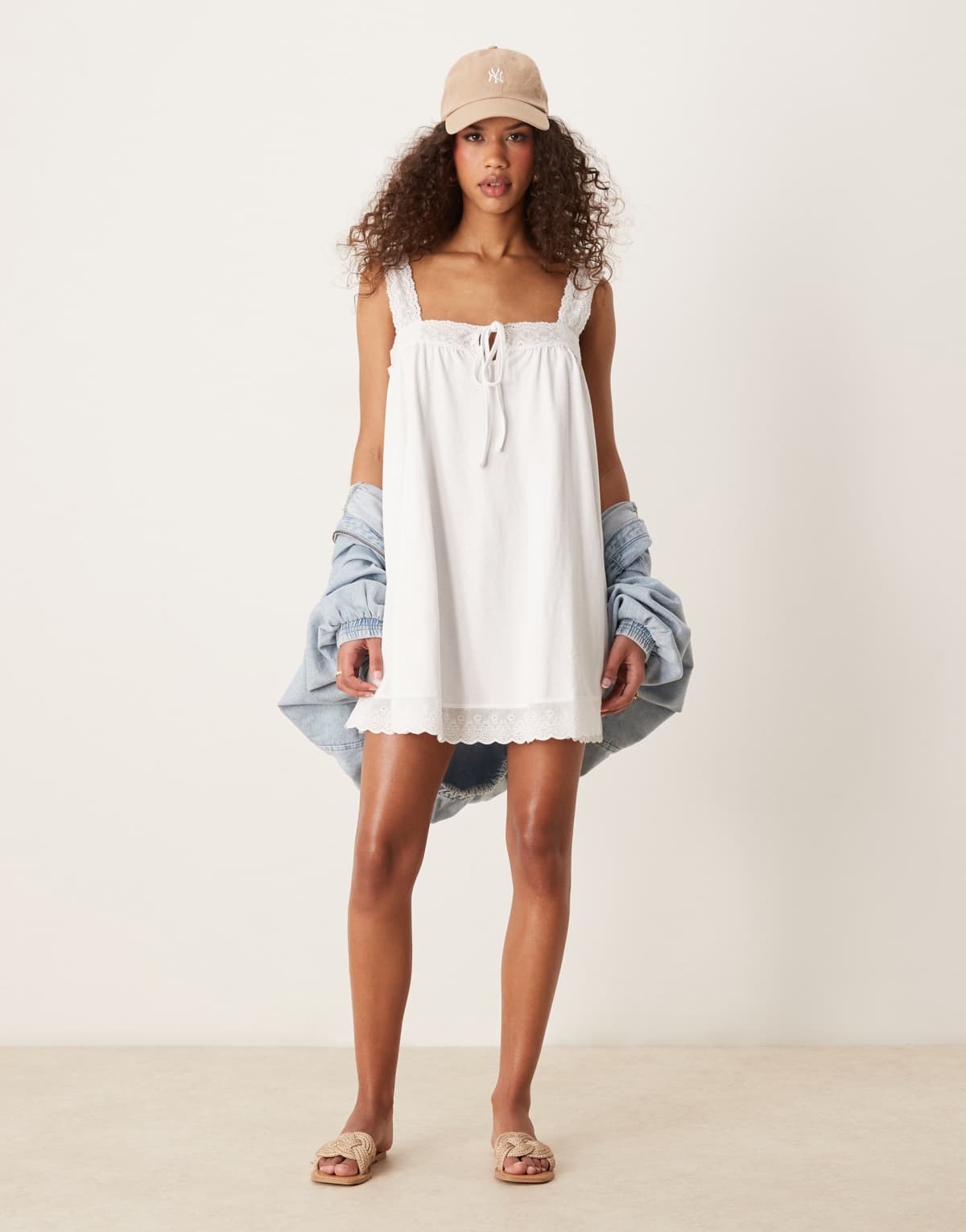 ASOS DESIGN square neck lace insert smock mini dress in white - WHITE