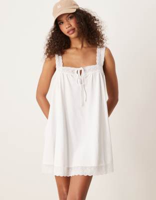 ASOS DESIGN square neck lace insert smock mini dress in white