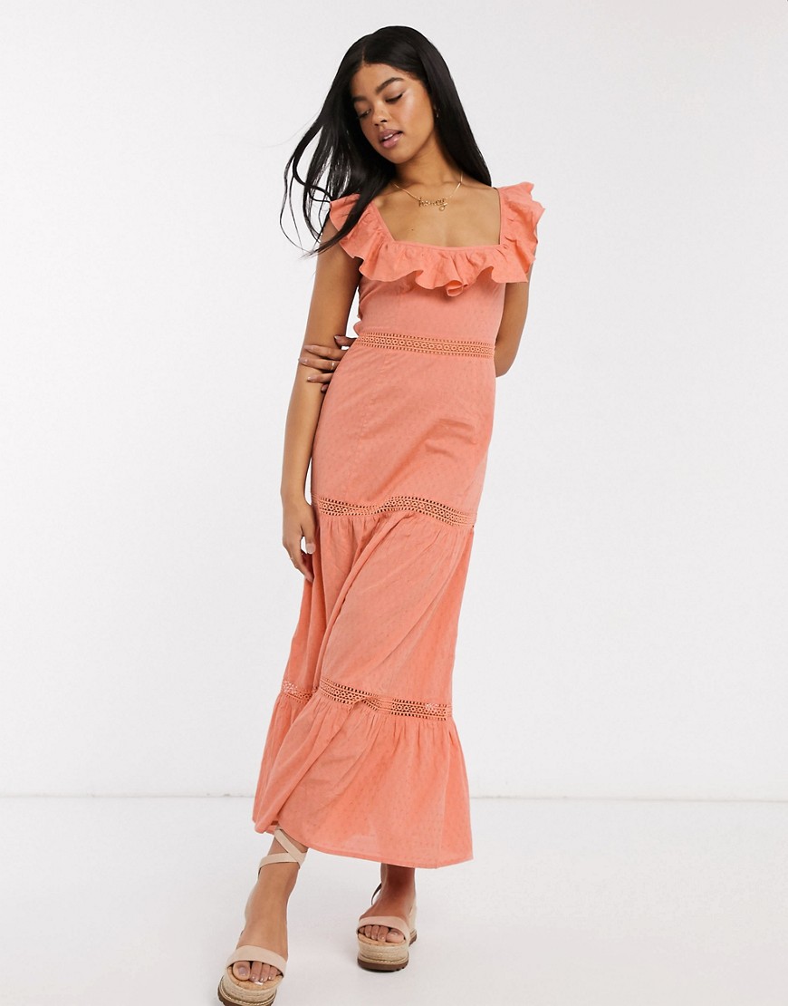 ASOS DESIGN square neck lace insert tiered maxi dress with lace up back in coral-Pink