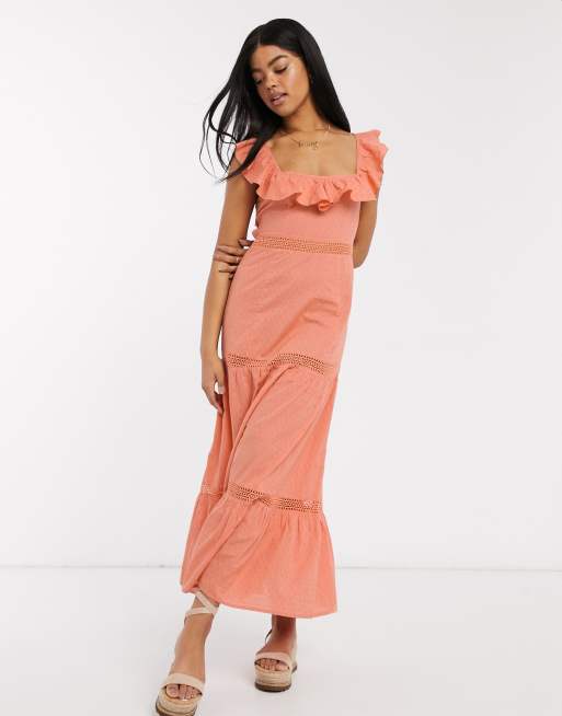 Asos Design Square Neck Lace Insert Tiered Maxi Dress With Lace Up Back