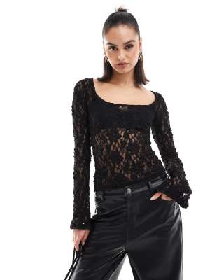 ASOS DESIGN square neck lace top in black