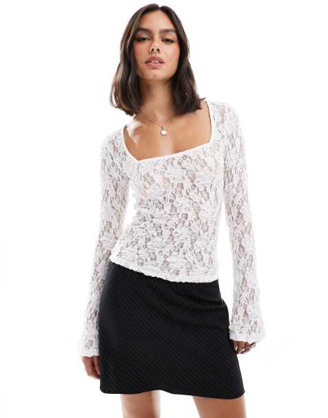ASOS DESIGN square neck lace top in ivory - view 1