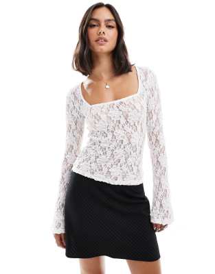 Asos Design Square Neck Lace Top With Bow Detail In Ivory-white