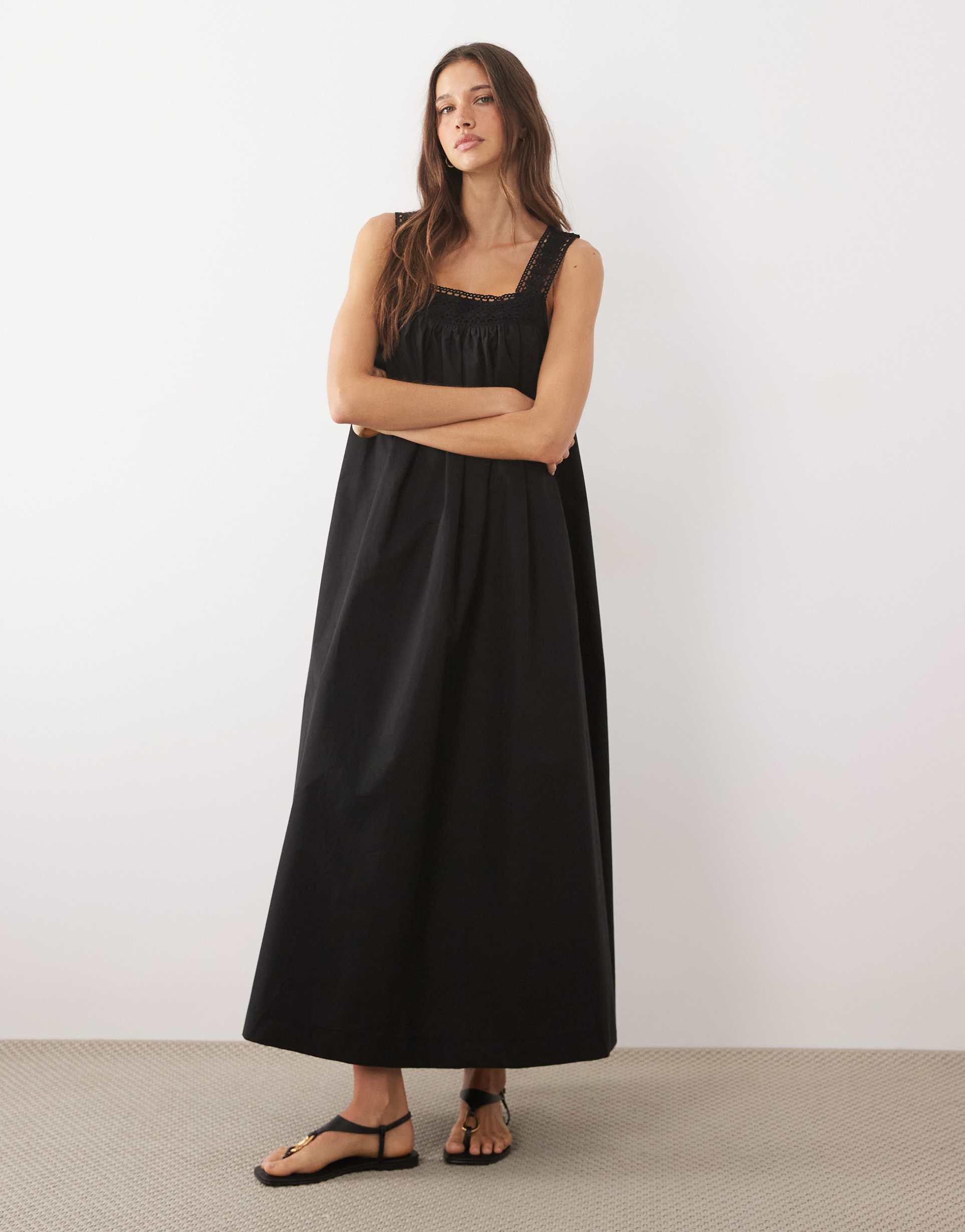 asos design square neck lace trim midaxi sundress in chocolate