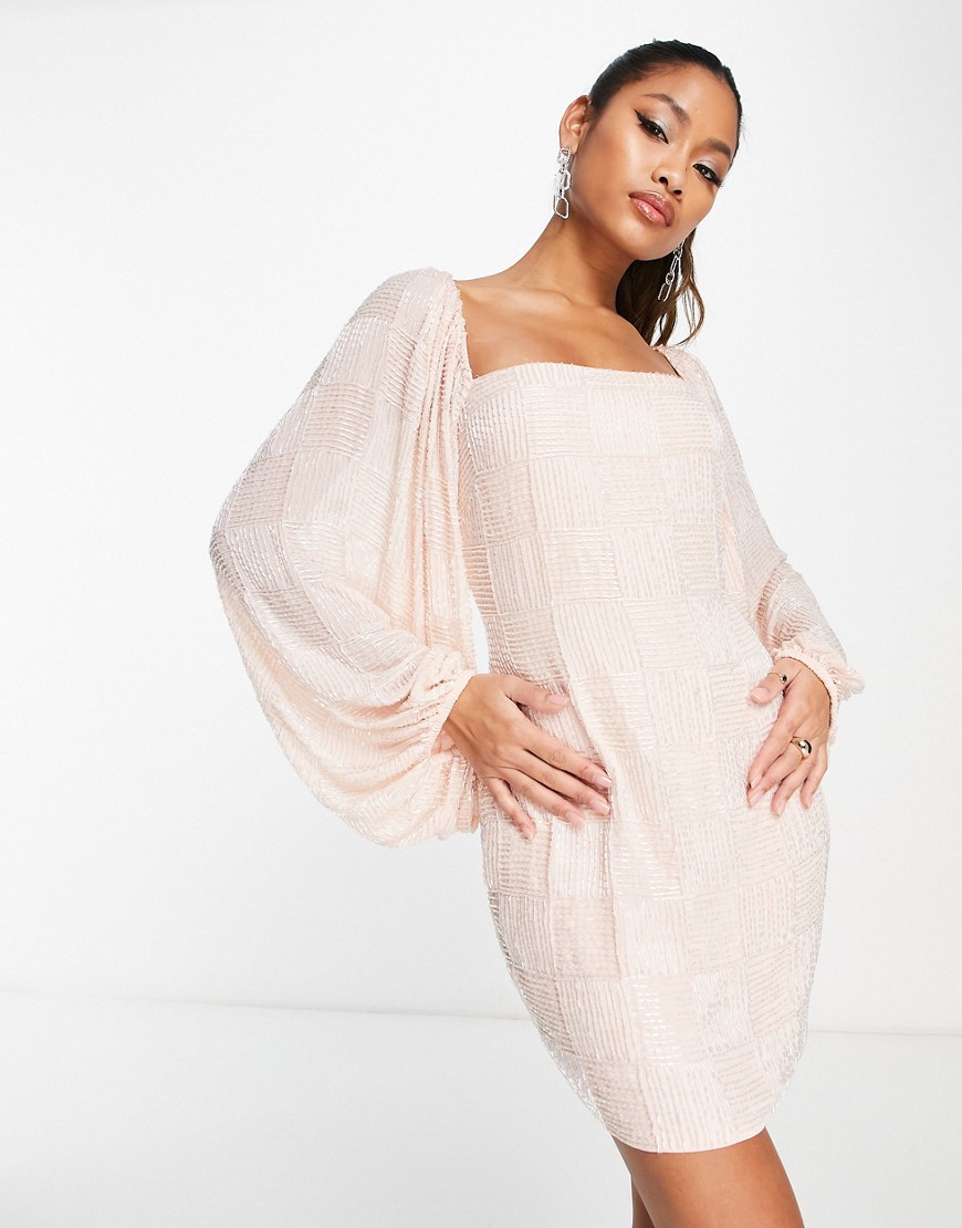 ASOS DESIGN square neck linear embellished mini dress with blouson sleeve in blush-Pink