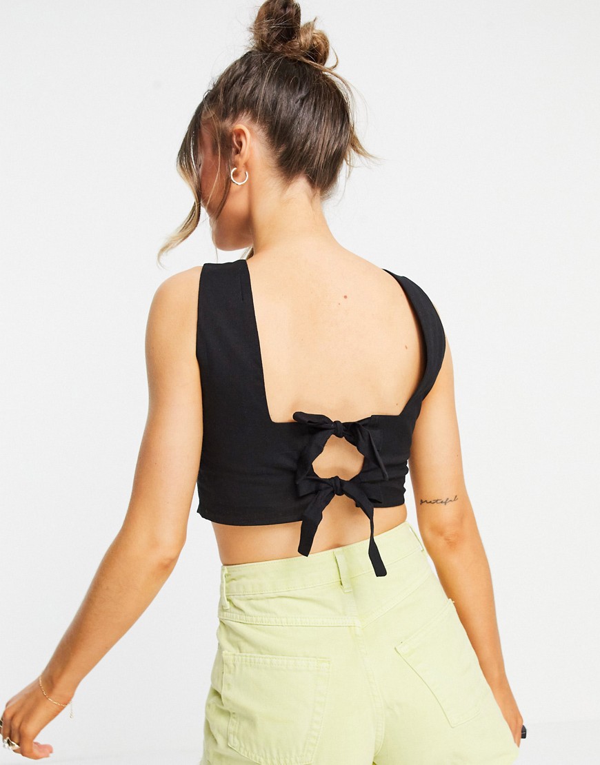 ASOS DESIGN square neck linen cropped sun top with tie back in black