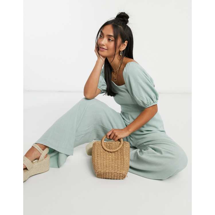 ASOS DESIGN square neck linen jumpsuit with tie back detail in sage green