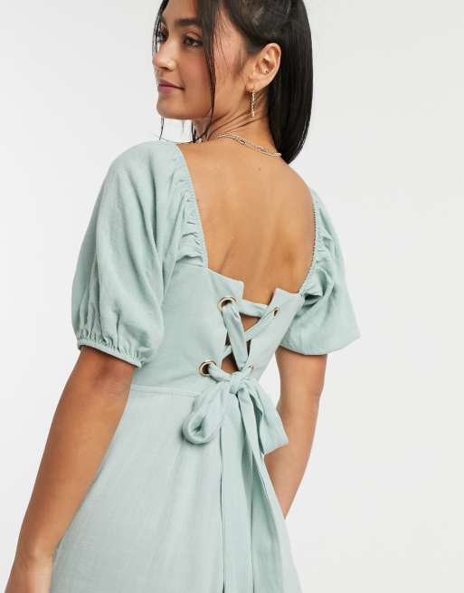 ASOS DESIGN square neck linen jumpsuit with tie back detail in sage green, 3 of 4