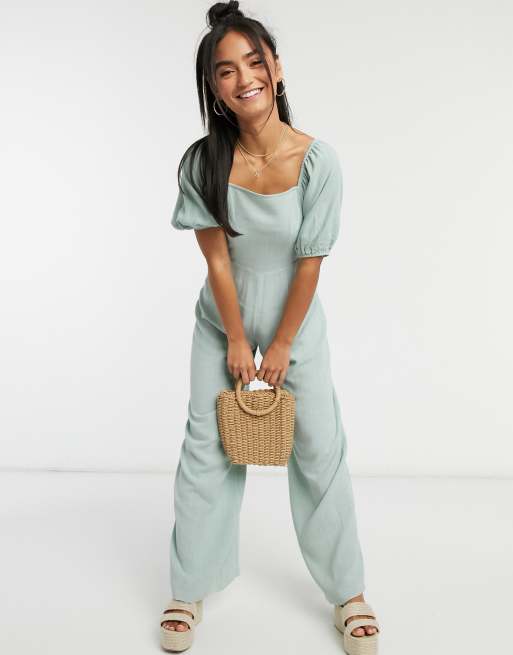 ASOS DESIGN square neck linen jumpsuit with tie back detail in sage green