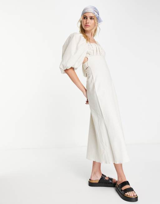 ASOS DESIGN square neck linen midi dress with elastic detail in stone