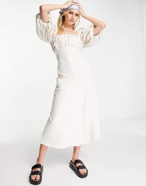 ASOS DESIGN square neck linen midi dress with elastic detail in stone, 2 of 4