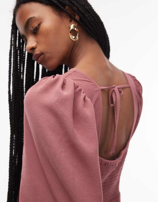 ASOS DESIGN square neck long sleeve dress with tie back detail in rose, 3 of 4