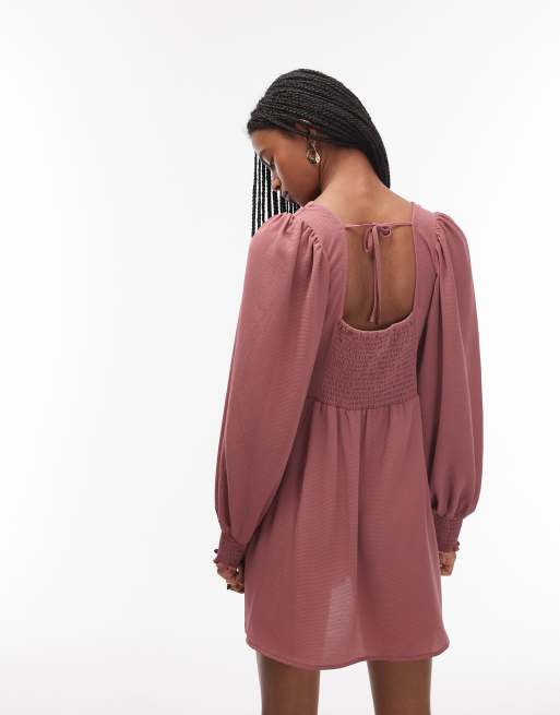 ASOS DESIGN square neck long sleeve dress with tie back detail in rose, 4 of 4