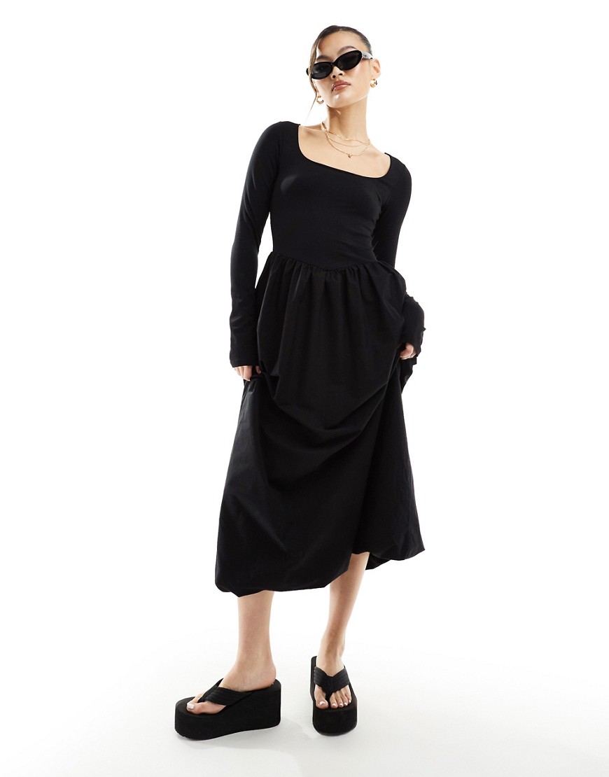 ASOS DESIGN square neck long sleeve midi dress with bubble hem in black-Multi