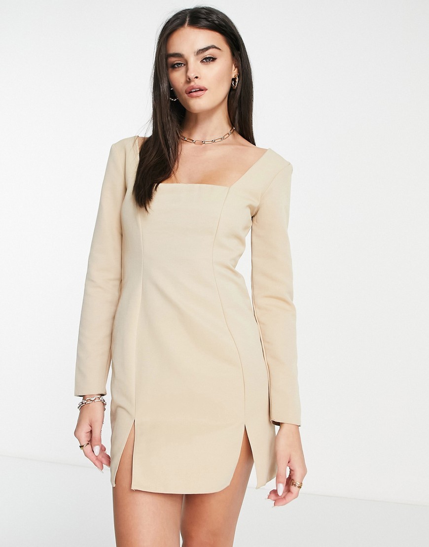 ASOS DESIGN square neck long sleeve mini dress in taupe-Green