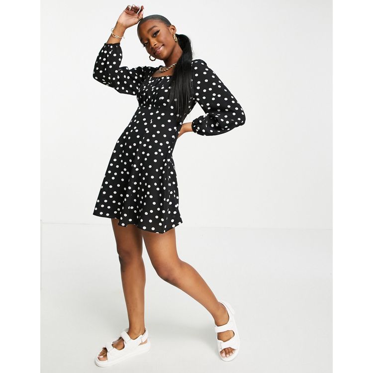 asos design square neck long sleeve mini skater dress in polka dot print asos