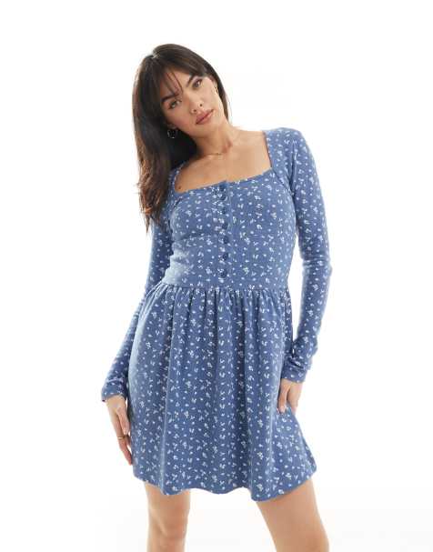 ASOS DESIGN square neck long sleeve skater hem mini dress in ditsy print - view 1
