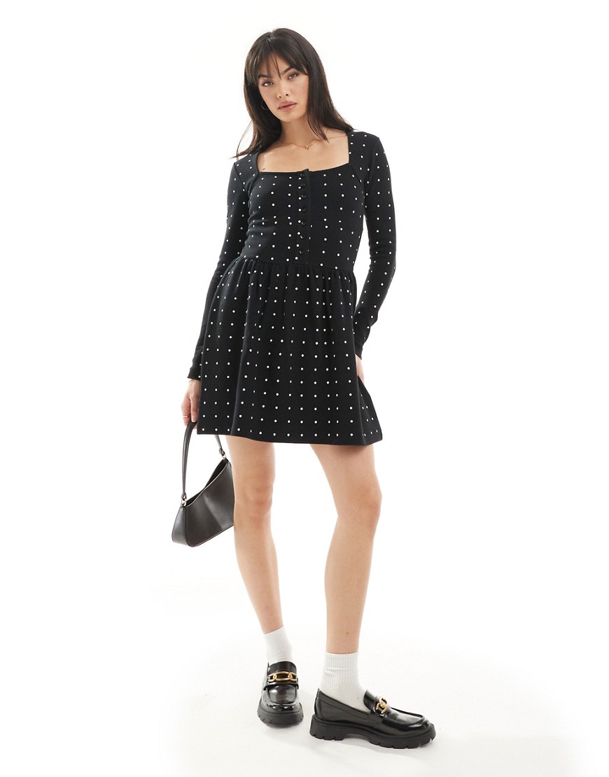Asos Design Square Neck Long Sleeve Skater Hem Mini Skirt In Spot Print-multi In Black