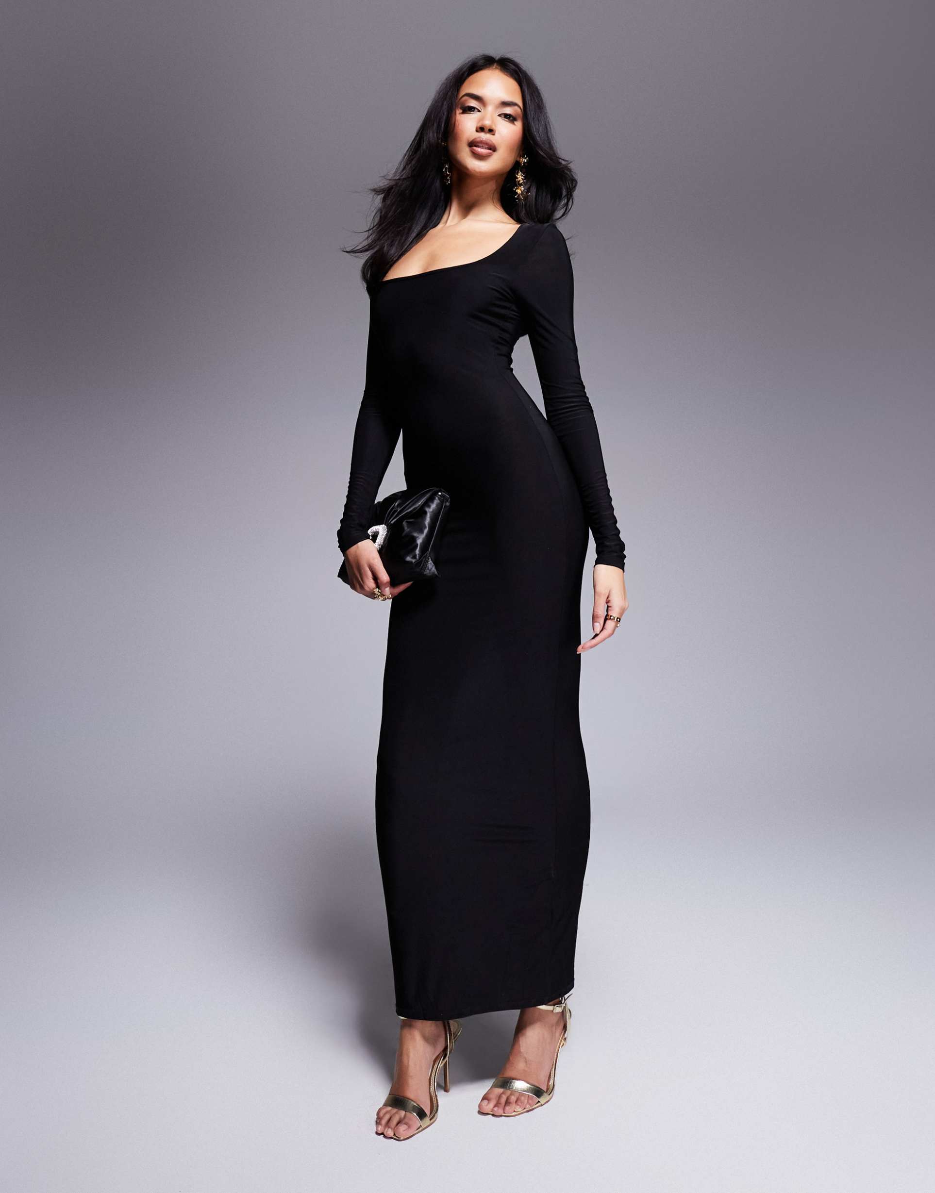 asos design square neck long sleeve slinky maxi dress in black