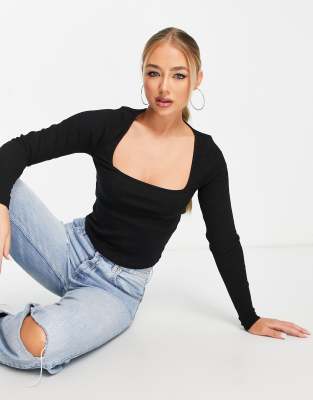 Asos Design Square Neck Long Sleeve Top In Black