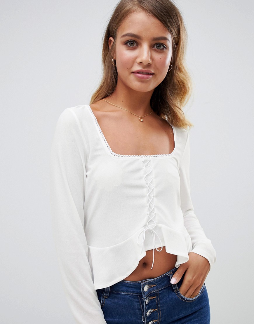 ASOS DESIGN square neck long sleeve top with ruffle and lace up-White