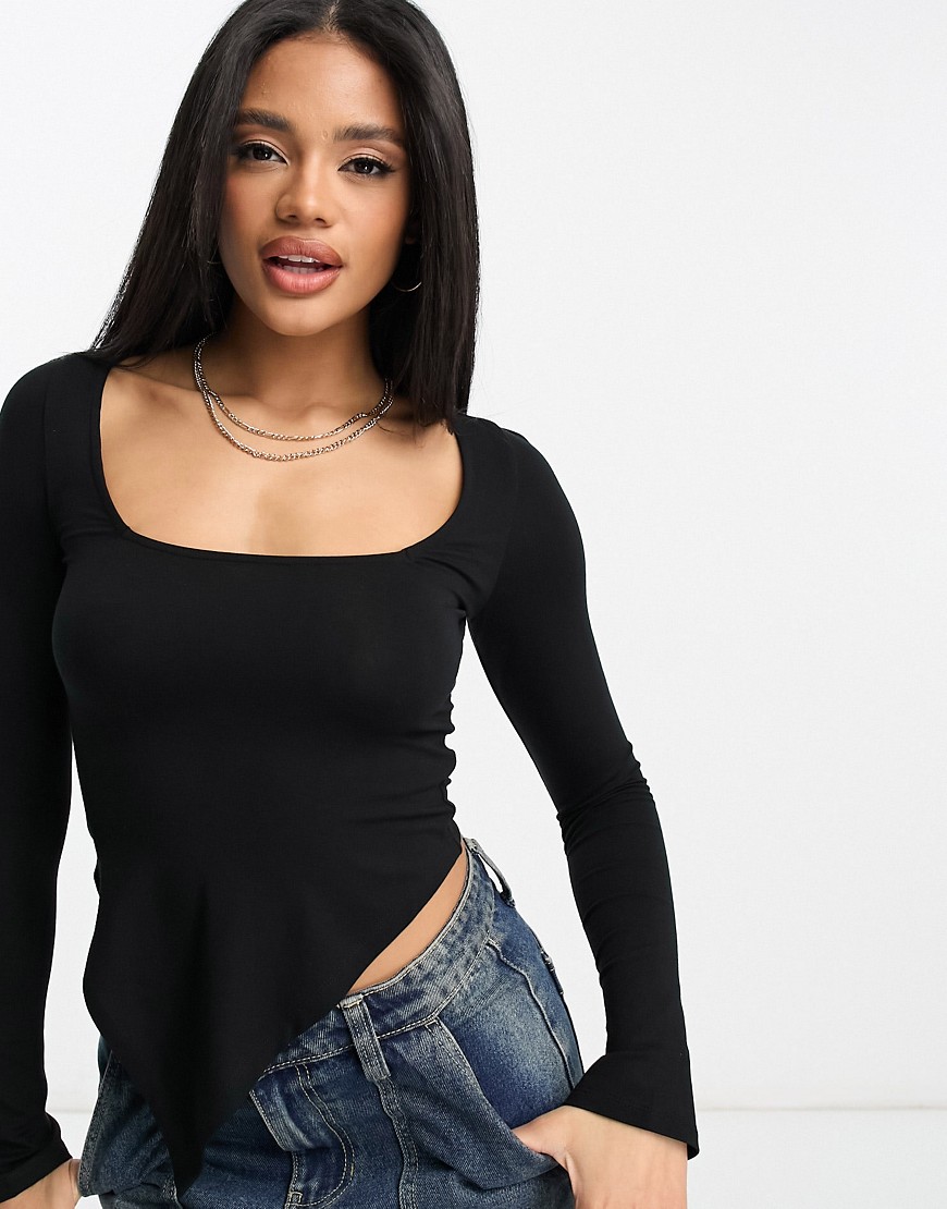 ASOS DESIGN square neck long sleeve top with scarf hem in black