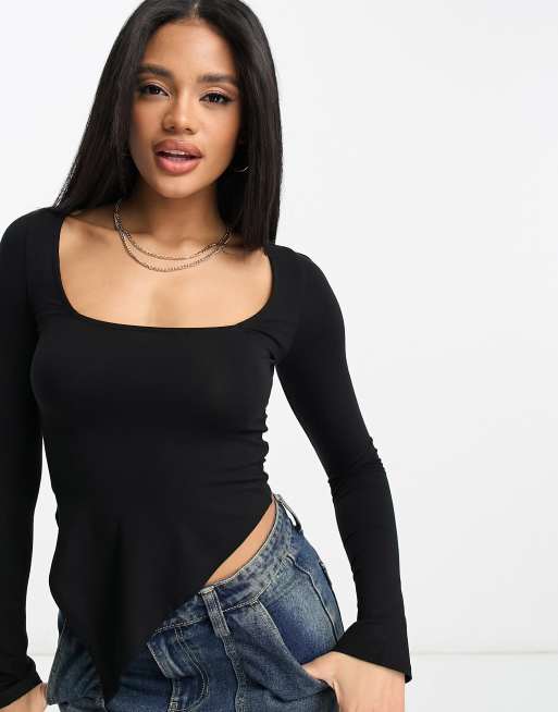 ASOS DESIGN Tall square neck exposed seam top in charcoal