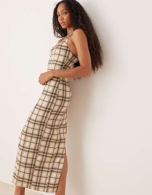 ASOS DESIGN square neck maxi dress in stone plaid